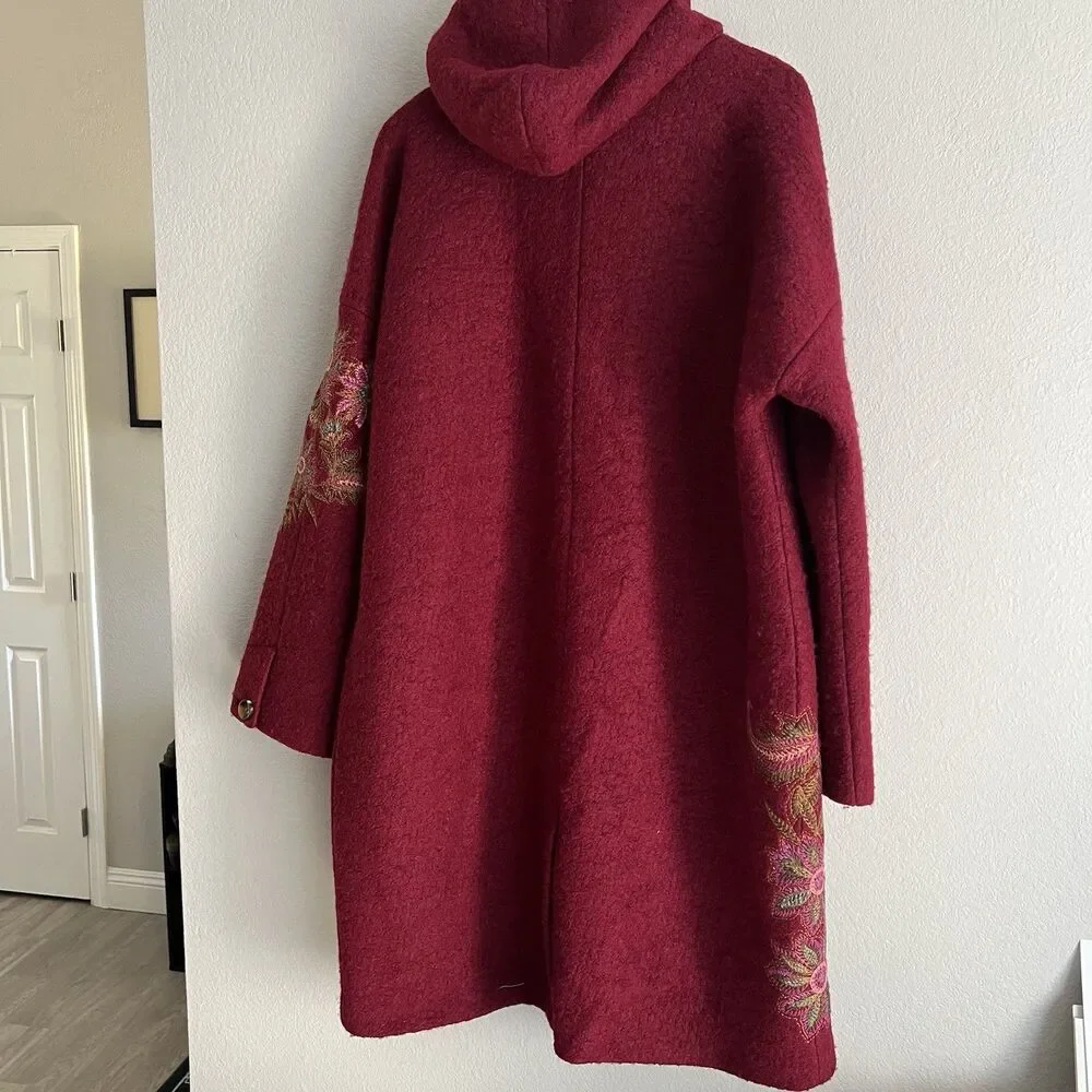 Sundance Blooming Bouclé Embroidered Wool Blend Hooded Coat Size XL Red - Picture 2 of 7